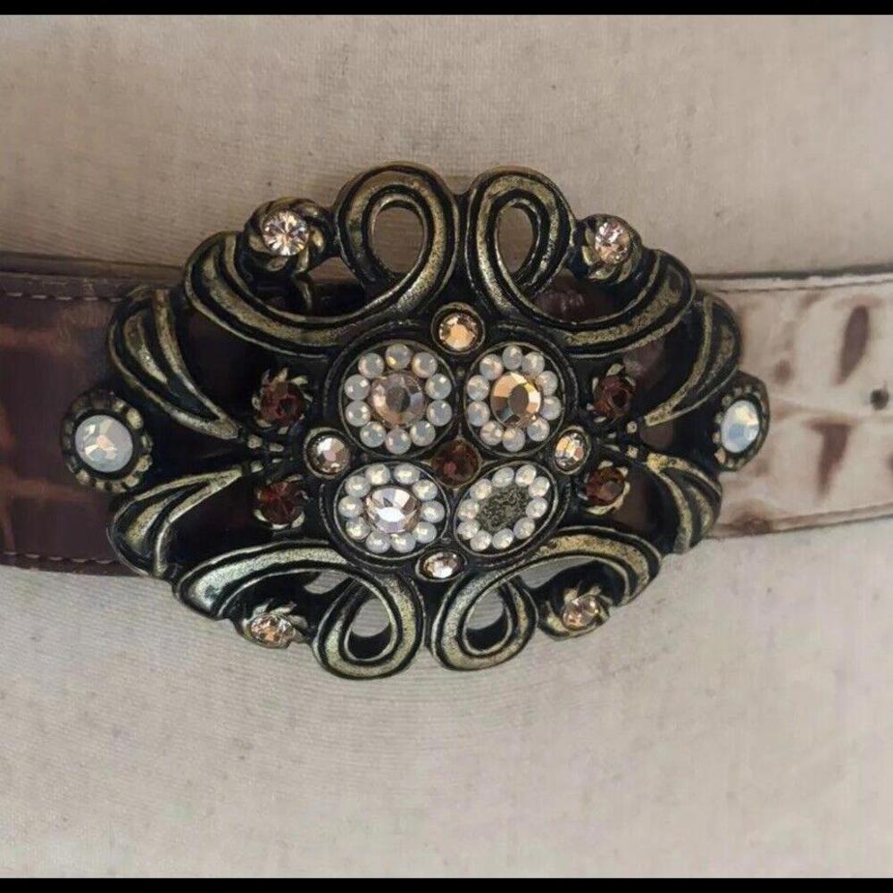 🥋Cache Leather Animal Brown White Print Belt Jeweled Buckle Size Medium